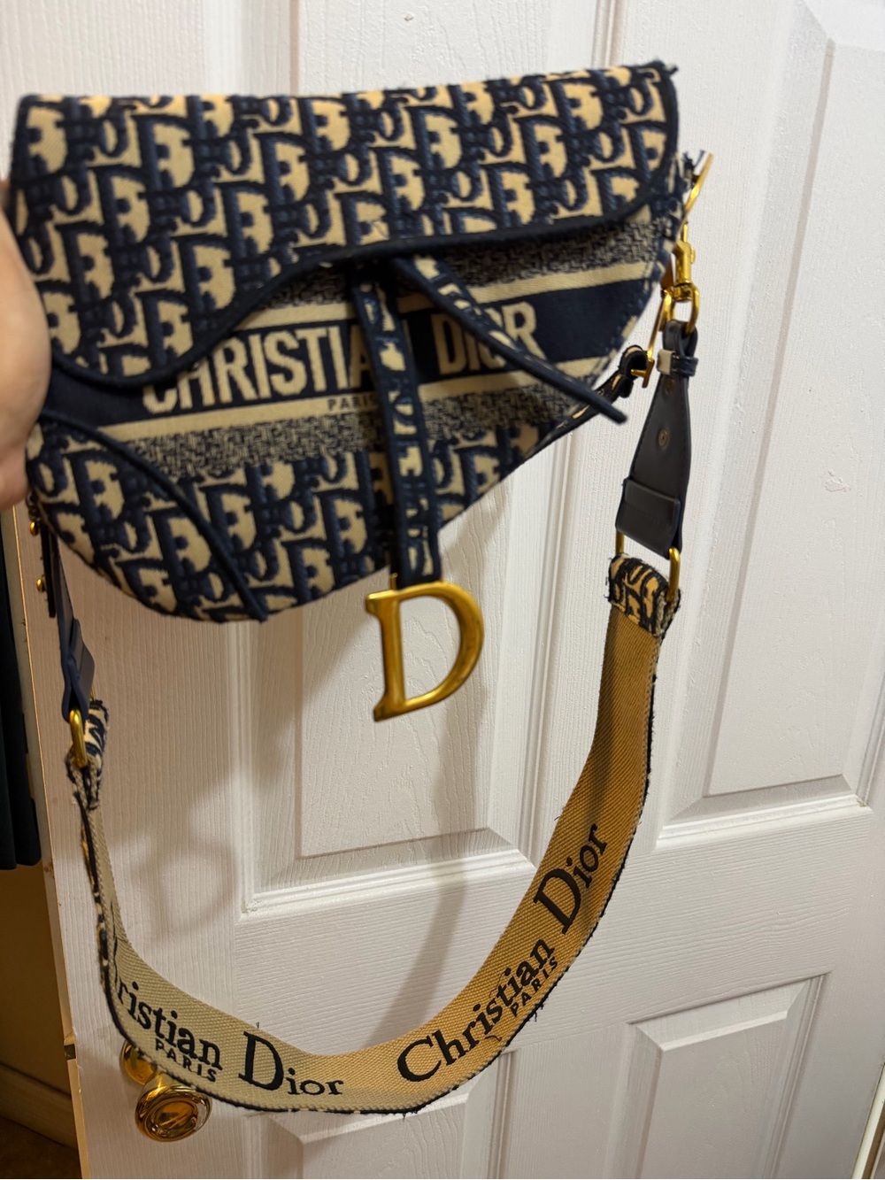 Dior Navy and Beige Saddle Crossbody with Logo Strap